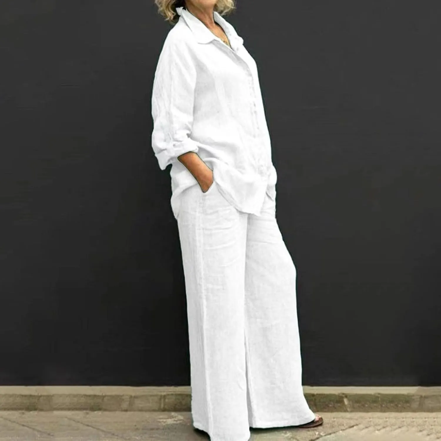 Women PantSuit 2 Piece Cotton Linen V-neck Shirt Button-Down Summer Elastic Wide Leg Pant Outfits for Women