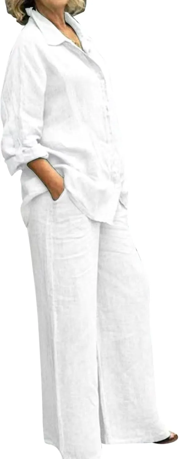 Women PantSuit 2 Piece Cotton Linen V-neck Shirt Button-Down Summer Elastic Wide Leg Pant Outfits for Women