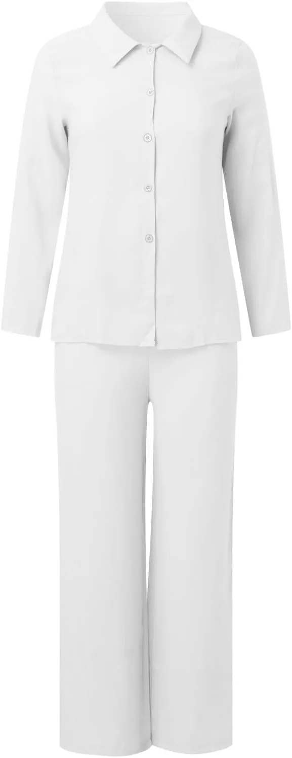 Women PantSuit 2 Piece Cotton Linen V-neck Shirt Button-Down Summer Elastic Wide Leg Pant Outfits for Women