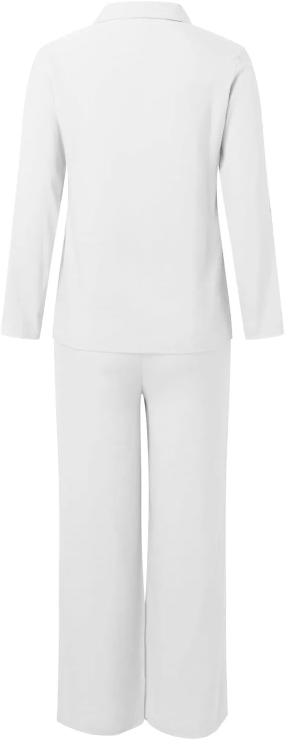 Women PantSuit 2 Piece Cotton Linen V-neck Shirt Button-Down Summer Elastic Wide Leg Pant Outfits for Women