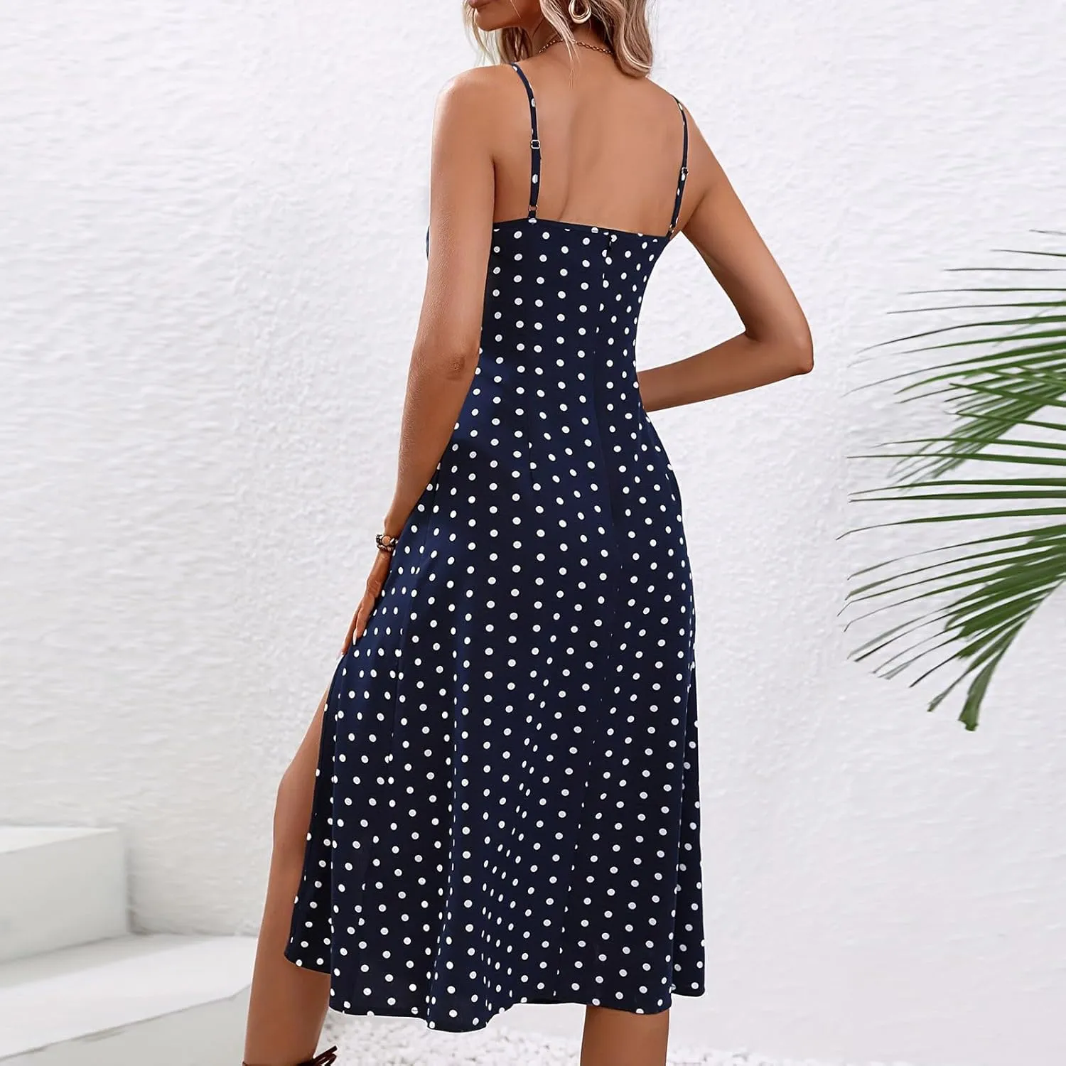 Women Polka Dot Summer Dresses Spaghetti Strap Beach Sundresses Casual Slit Dress Trendy Vacation Resort Clothing