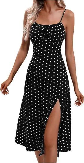 Women Polka Dot Summer Dresses Spaghetti Strap Beach Sundresses Casual Slit Dress Trendy Vacation Resort Clothing
