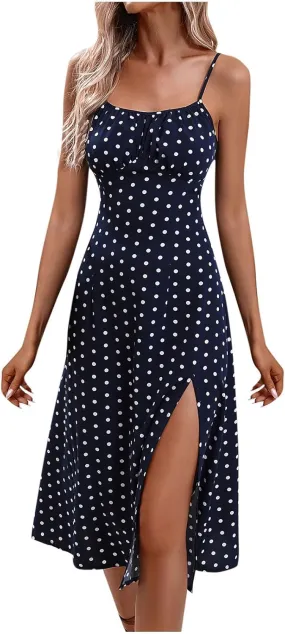 Women Polka Dot Summer Dresses Spaghetti Strap Beach Sundresses Casual Slit Dress Trendy Vacation Resort Clothing