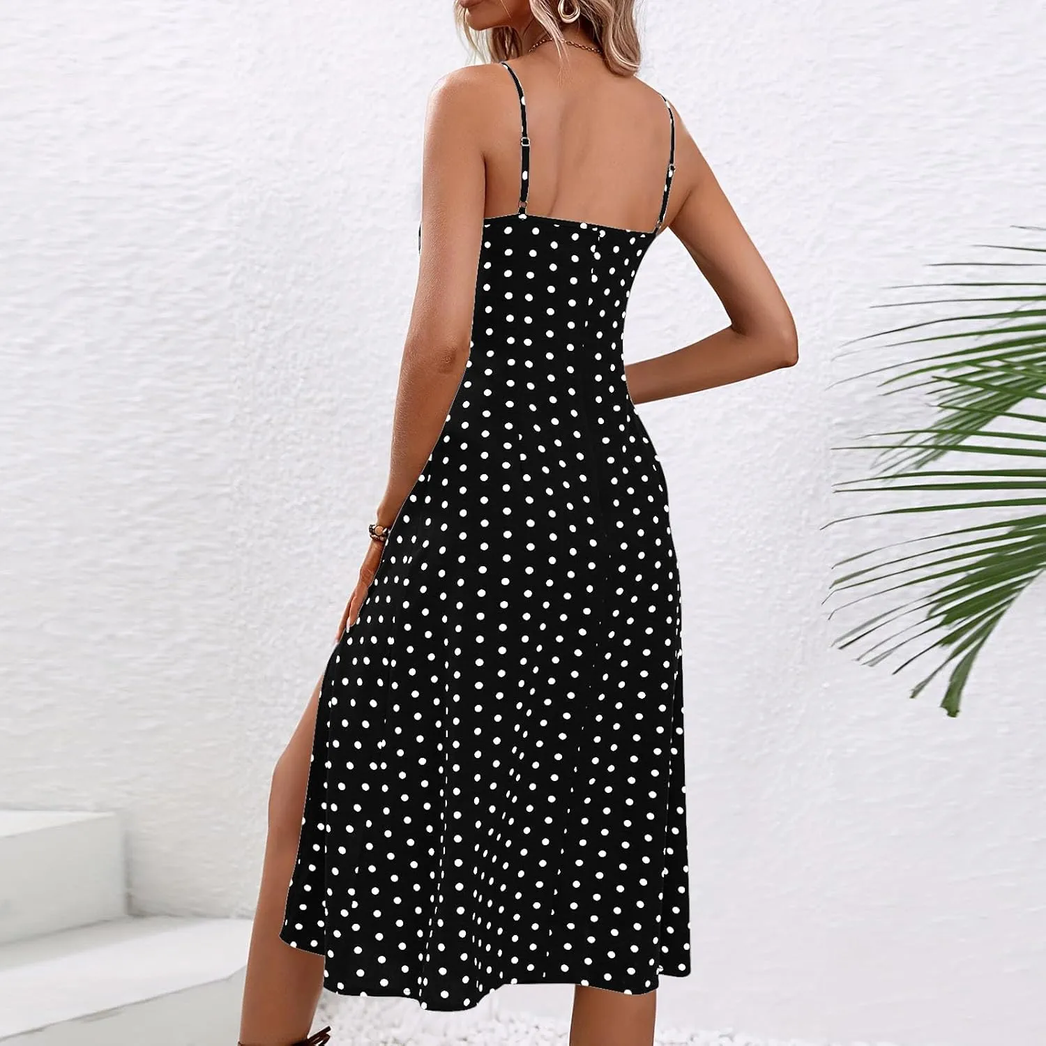 Women Polka Dot Summer Dresses Spaghetti Strap Beach Sundresses Casual Slit Dress Trendy Vacation Resort Clothing
