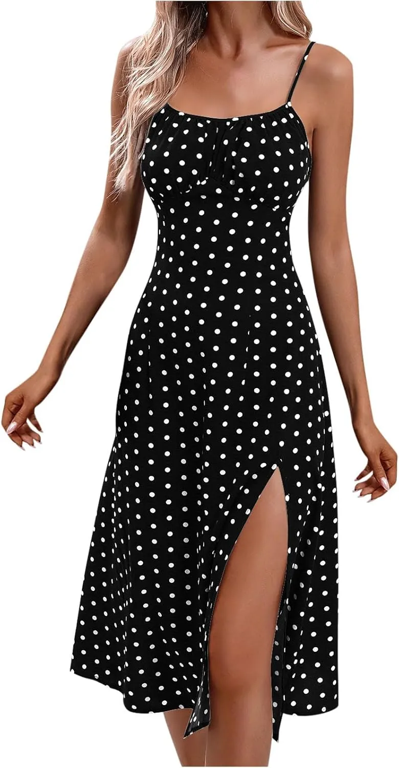 Women Polka Dot Summer Dresses Spaghetti Strap Beach Sundresses Casual Slit Dress Trendy Vacation Resort Clothing