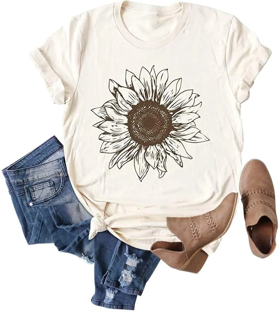 Women Short Sleeve Sunflower T-Shirt Cute Funny Graphic Tee Teen Girls Casual Shirt Top