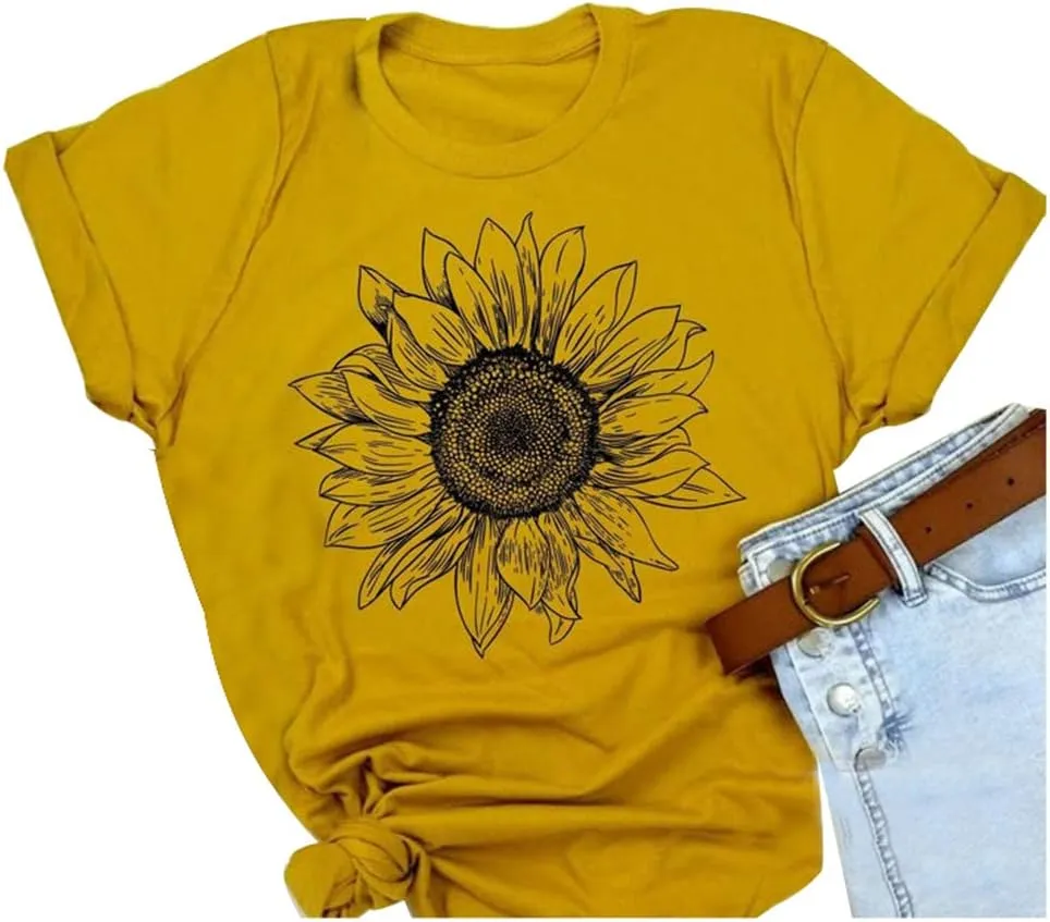 Women Short Sleeve Sunflower T-Shirt Cute Funny Graphic Tee Teen Girls Casual Shirt Top