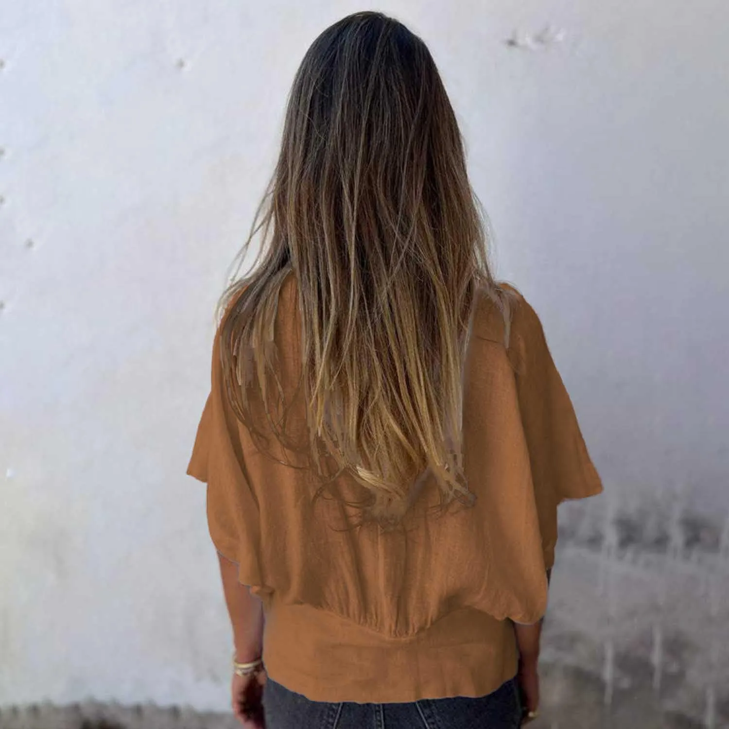 Women Solid Color Deep V-Neck Cotton and Linen T-Shirt Short Sleeve Loose Basic Tops Pleated Blouse S~2XL