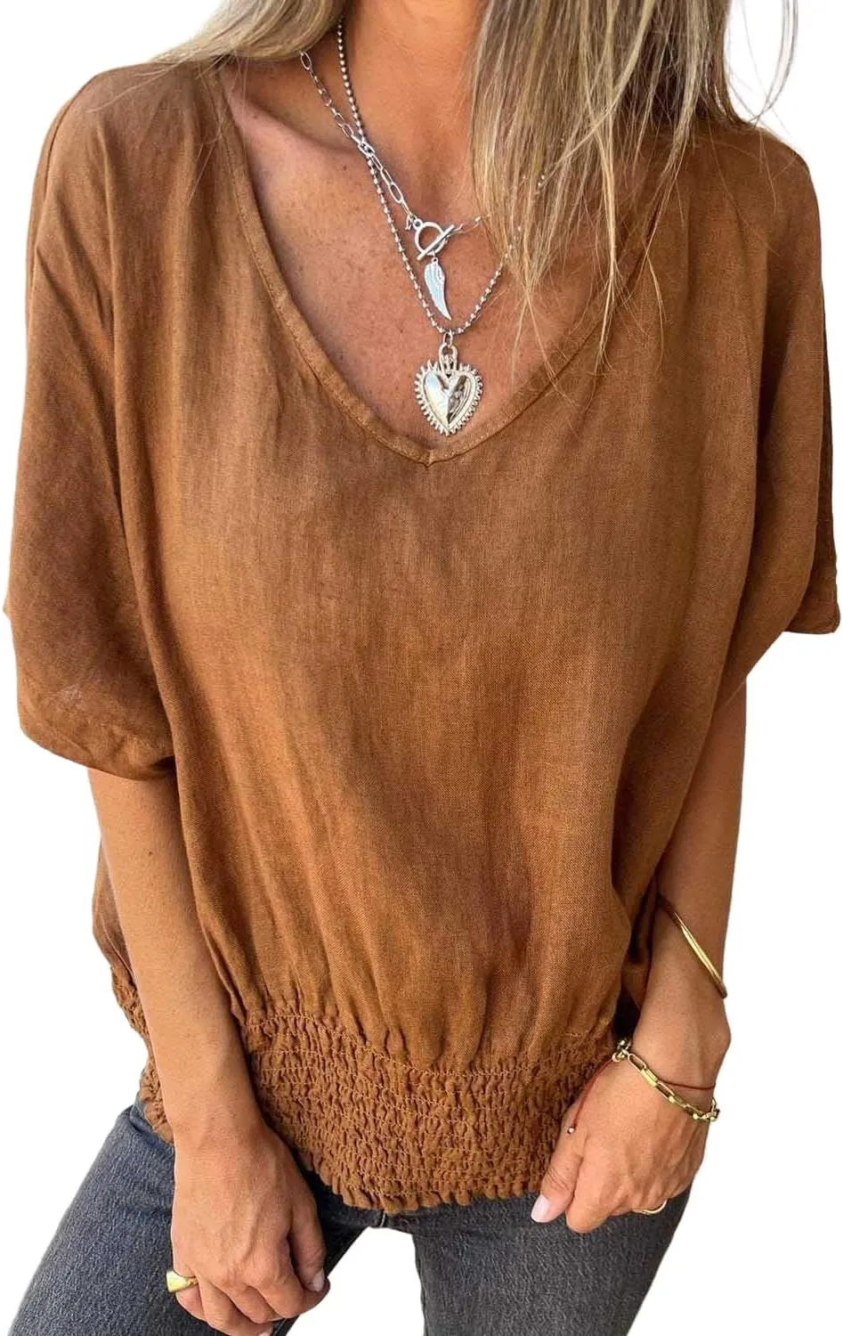 Women Solid Color Deep V-Neck Cotton and Linen T-Shirt Short Sleeve Loose Basic Tops Pleated Blouse S~2XL