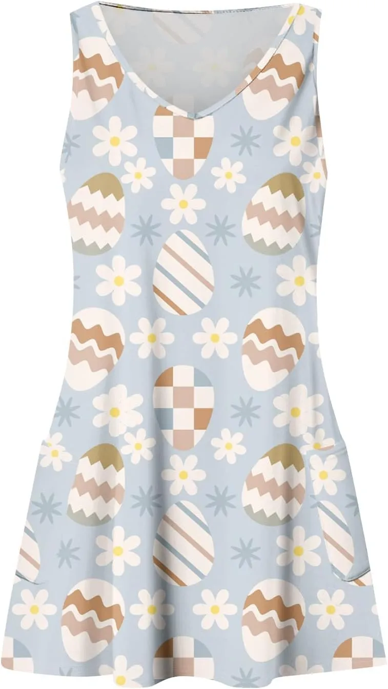 Women Summer Dresses Beach Printed Dress with Pocket Vacation Sleeveless Swimsuit Coverup V Neck Casual Sundress