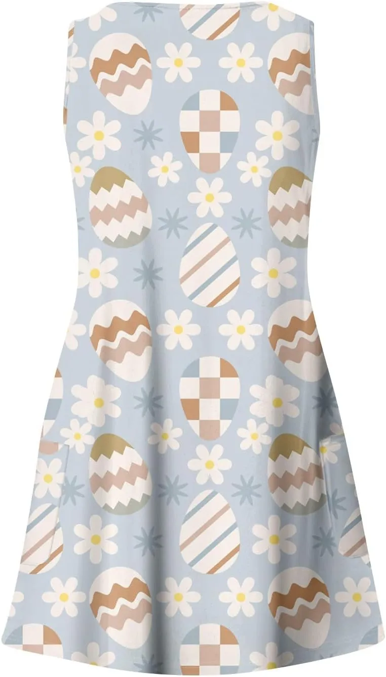 Women Summer Dresses Beach Printed Dress with Pocket Vacation Sleeveless Swimsuit Coverup V Neck Casual Sundress