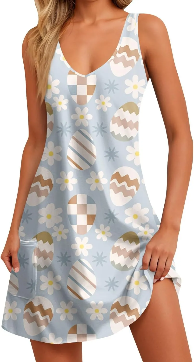 Women Summer Dresses Beach Printed Dress with Pocket Vacation Sleeveless Swimsuit Coverup V Neck Casual Sundress