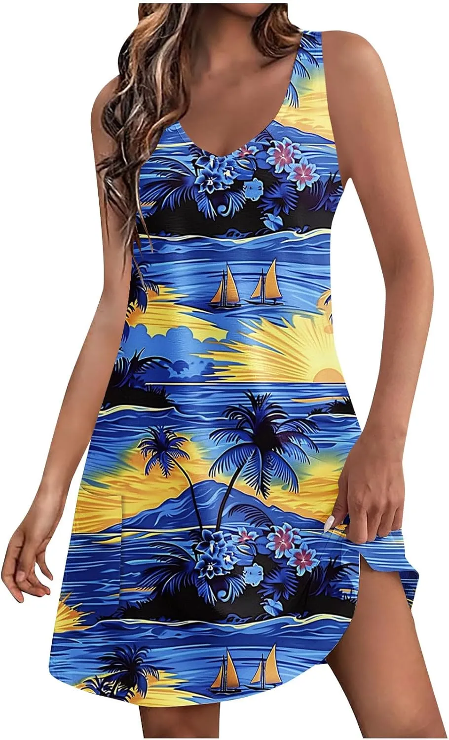Women Summer Tunic Dress Sleeveless Floral Pocket Swing Dress Loose Casual Coverup Boho V Neck Tank Sundresses