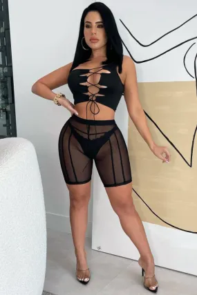 Women's Black High Waisted Mesh Biker Shorts