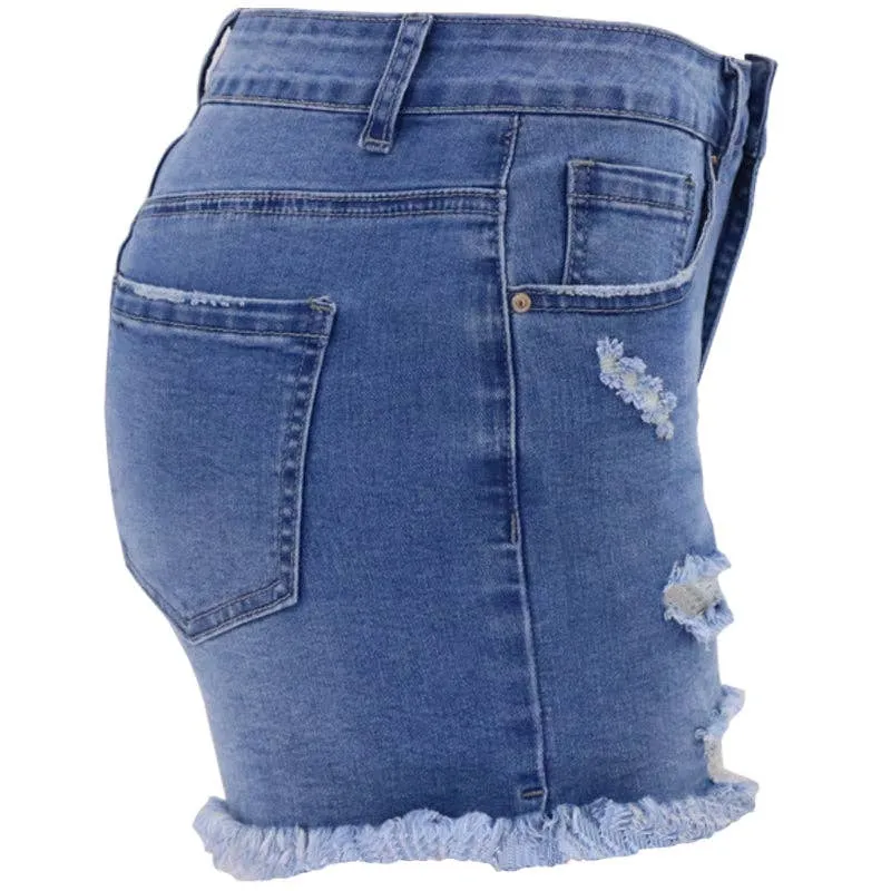 Women's Blue High-rise Ripped Stretch Summer Denim Shorts