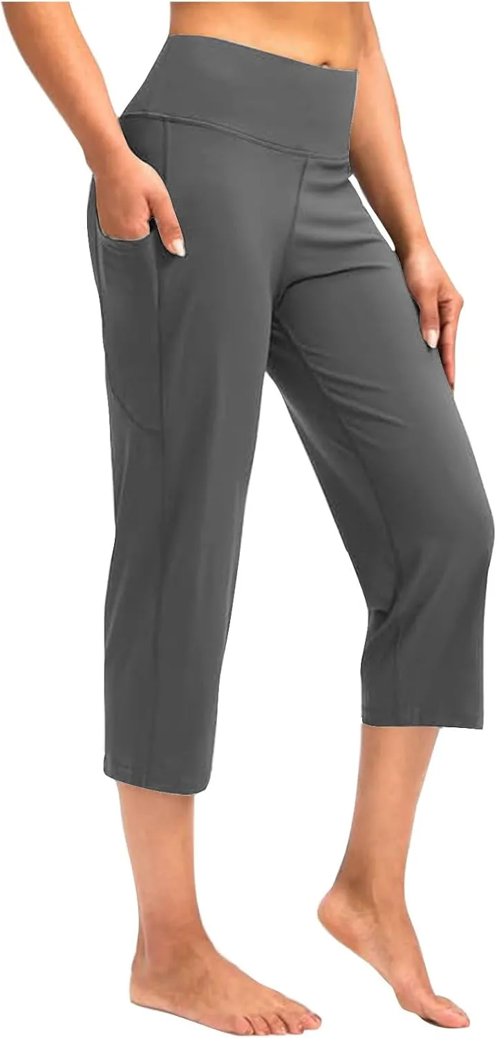 Womens Capri Yoga Pants Tummy Control Athletic Workout Pant Comfortable Stretch Solid High Waist Pants with Pockets