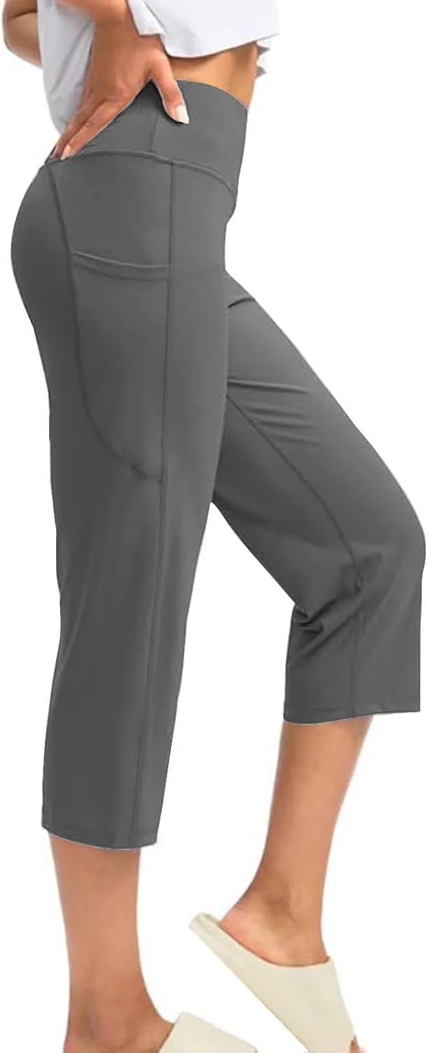 Womens Capri Yoga Pants Tummy Control Athletic Workout Pant Comfortable Stretch Solid High Waist Pants with Pockets