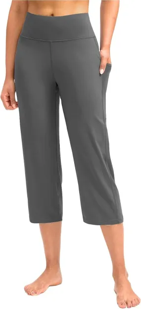Womens Capri Yoga Pants Tummy Control Athletic Workout Pant Comfortable Stretch Solid High Waist Pants with Pockets