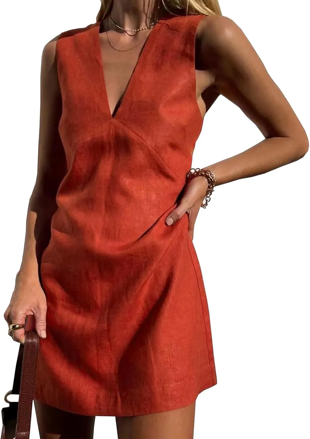 Women's Casual Sleeveless Deep V Neck Tank Tops Summer Beach Mini Dress Cotton Linen Slim Vacation Travel Party Dress