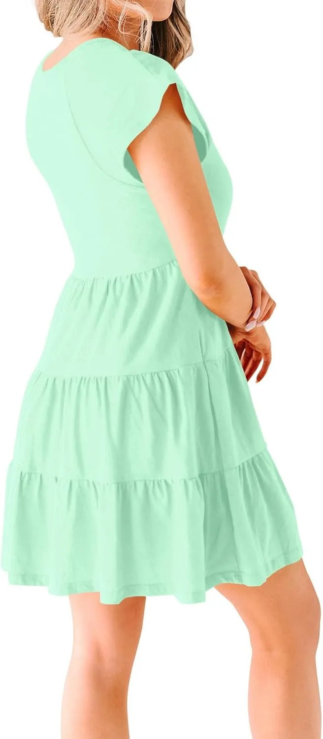 Women's Casual Summer Dress Sexy V Neck Short Sleeve Flowy Ruffle 2024 Trendy Short Mini Dresses