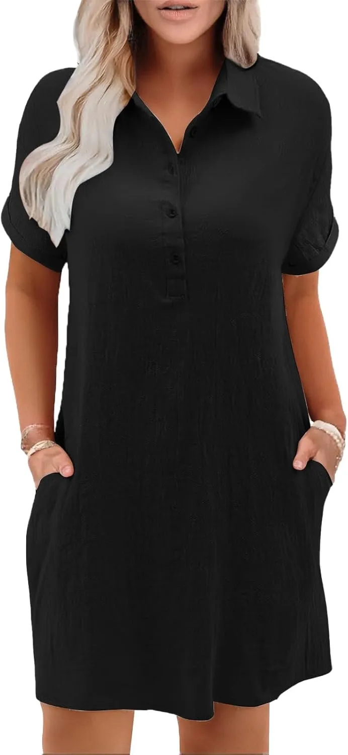 Womens Cotton Linen Shirt Dress Short Sleeve Lapel Summer Casual Midi Dress Button Beach Cover Up Dresses with Pocket
