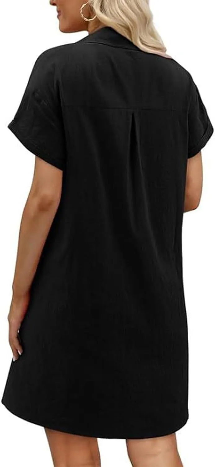 Womens Cotton Linen Shirt Dress Short Sleeve Lapel Summer Casual Midi Dress Button Beach Cover Up Dresses with Pocket