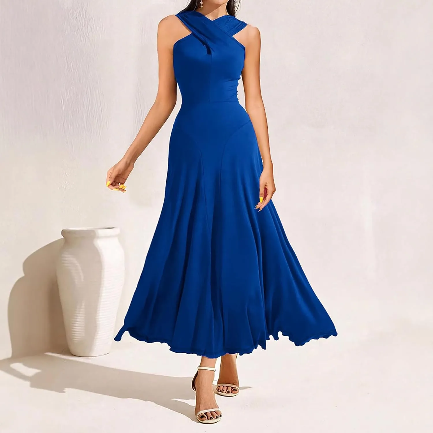 Women's Cross Hanging Neck Dress Solid Color Slim Waist Sexy Dresses Fishtail Ruched Flowy Elegant Evening Gowns