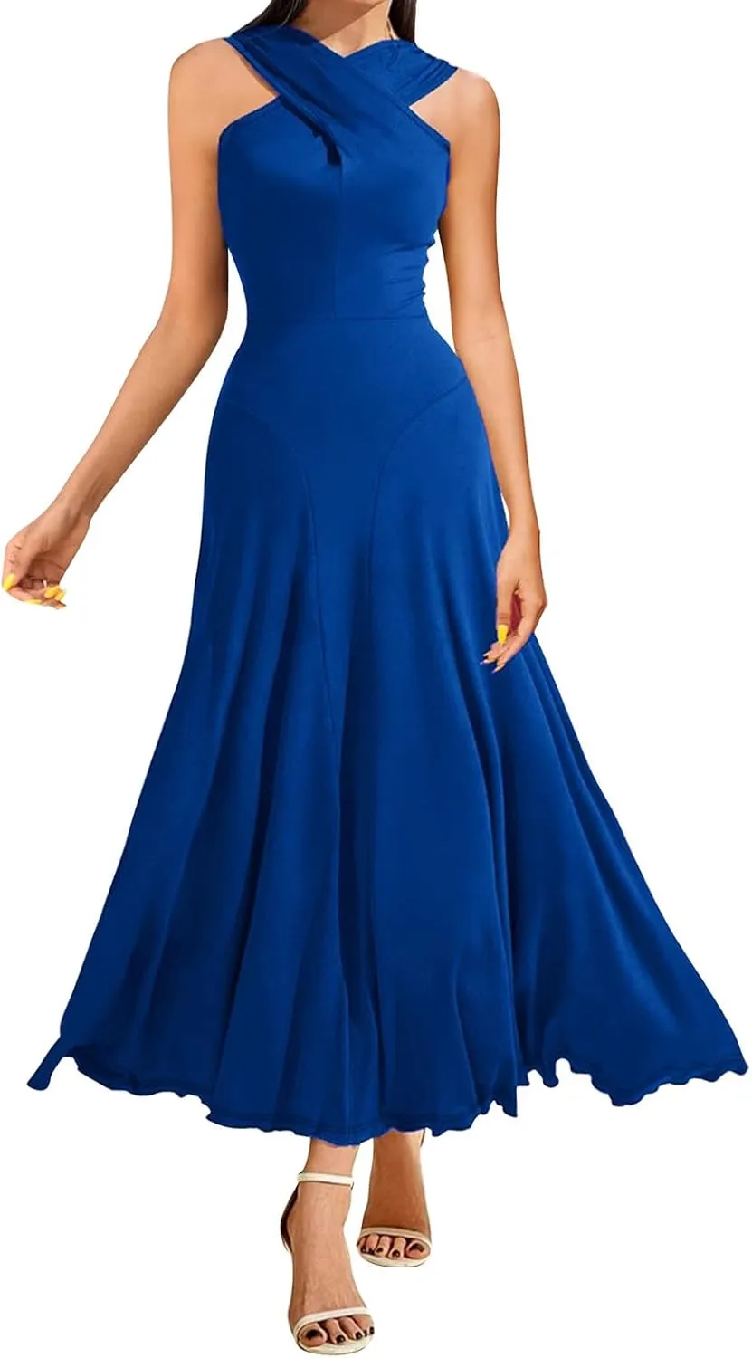 Women's Cross Hanging Neck Dress Solid Color Slim Waist Sexy Dresses Fishtail Ruched Flowy Elegant Evening Gowns