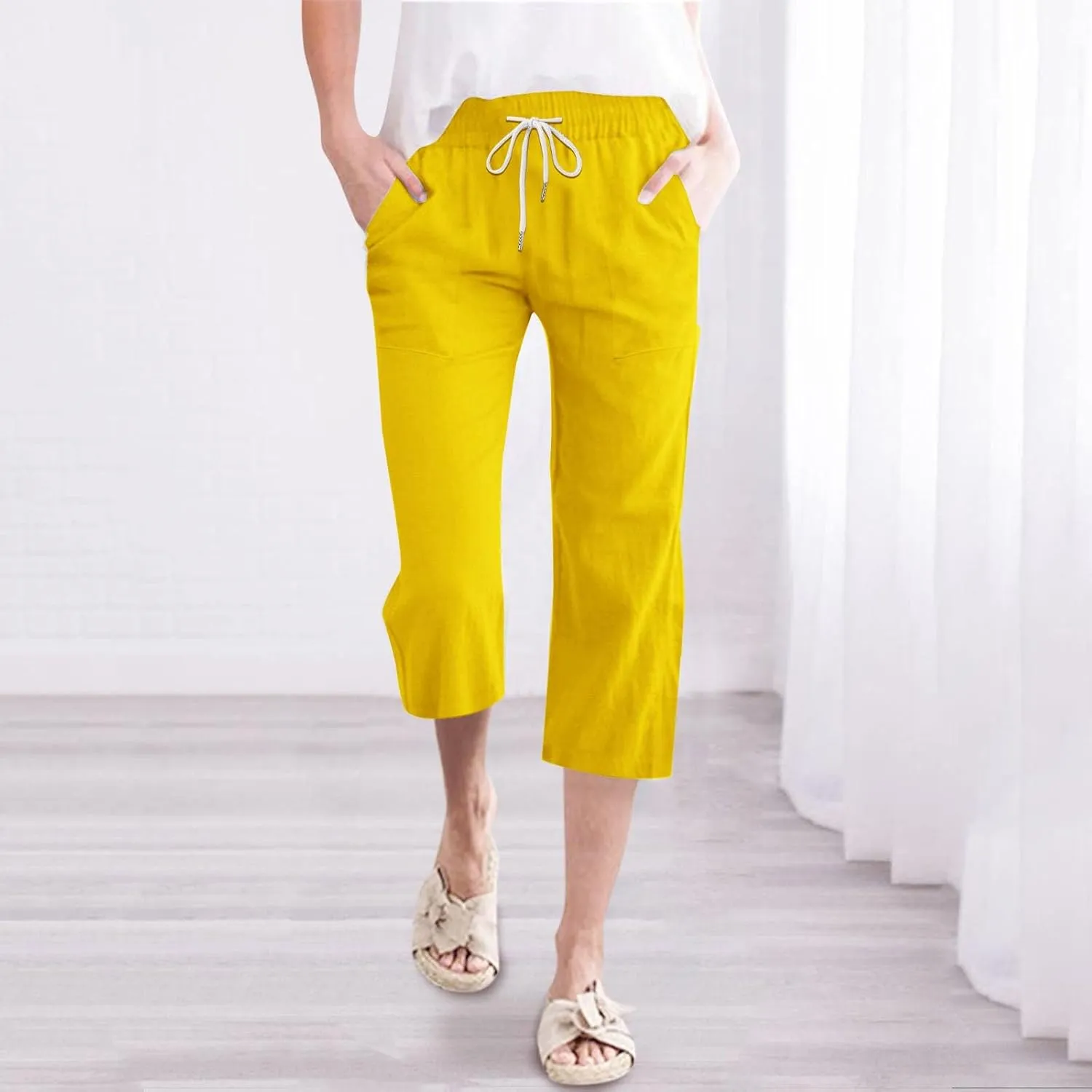 Womens Linen Pants Summer Casual Capri Candy Casual Capris Palazzo Cropped Comfy Baggy Trousers Capri Pants for
