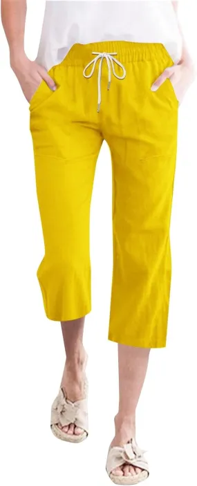 Womens Linen Pants Summer Casual Capri Candy Casual Capris Palazzo Cropped Comfy Baggy Trousers Capri Pants for