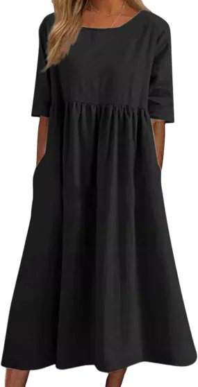 Womens Oversized Baggy Flowy Cotton Linen Maxi Dresses Summer Beach Short Sleeve Round Neck Pleated Dress Sundress