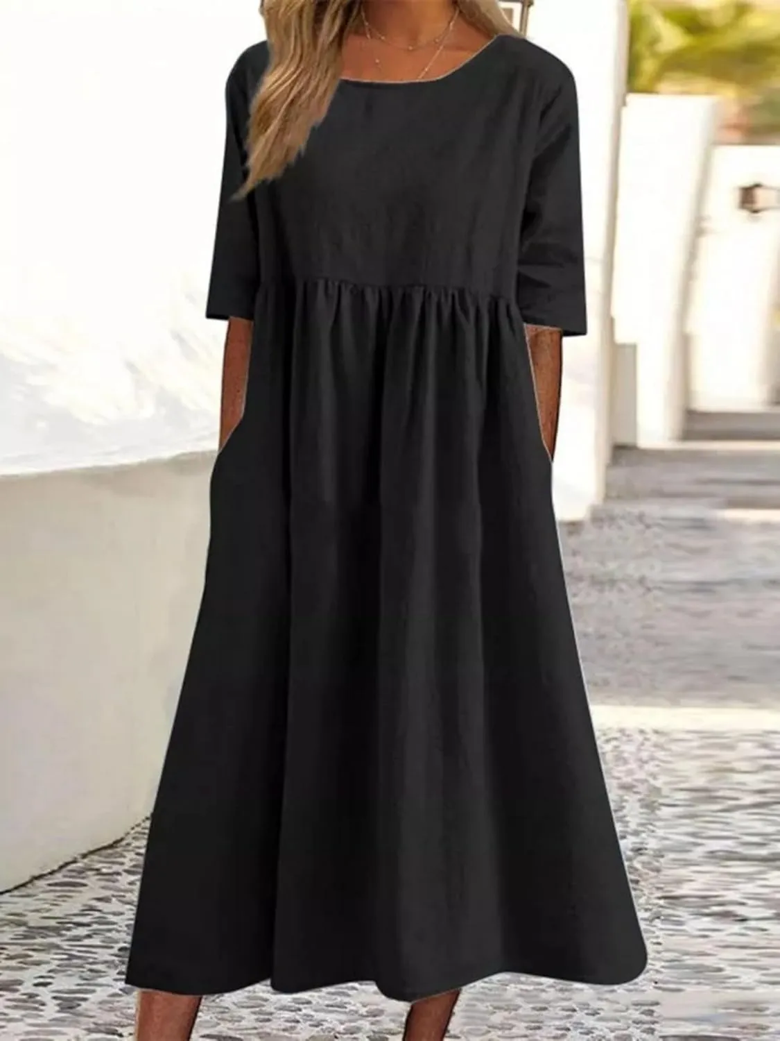 Womens Oversized Baggy Flowy Cotton Linen Maxi Dresses Summer Beach Short Sleeve Round Neck Pleated Dress Sundress