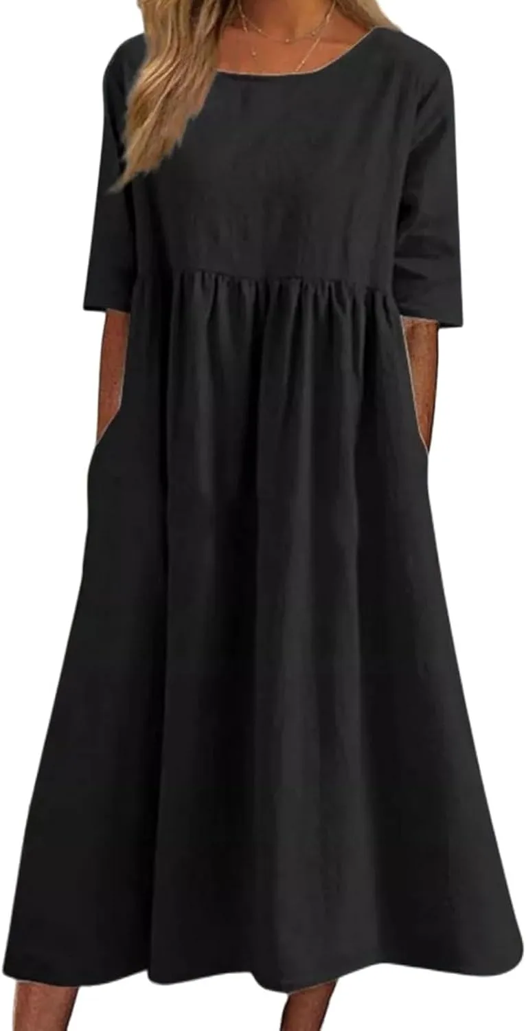 Womens Oversized Baggy Flowy Cotton Linen Maxi Dresses Summer Beach Short Sleeve Round Neck Pleated Dress Sundress