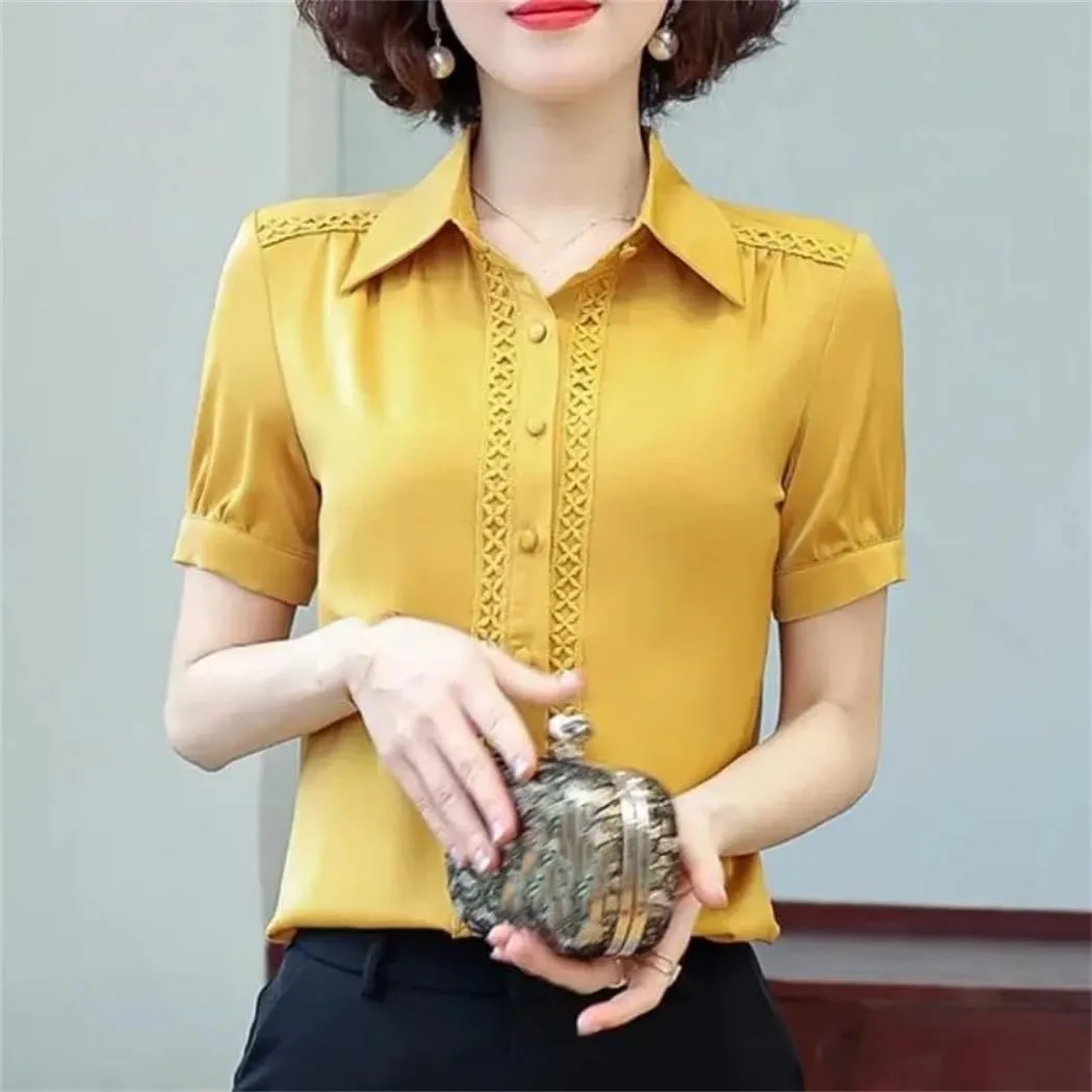Women's Short Sleeve Turn-Down Collar Summer Button Lace Patchwork Solid Color Shirt Comfortable Chiffon Tops
