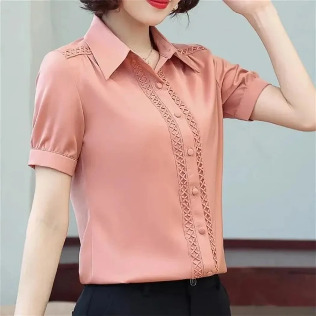 Women's Short Sleeve Turn-Down Collar Summer Button Lace Patchwork Solid Color Shirt Comfortable Chiffon Tops