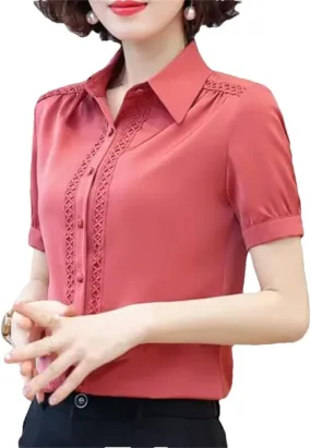 Women's Short Sleeve Turn-Down Collar Summer Button Lace Patchwork Solid Color Shirt Comfortable Chiffon Tops