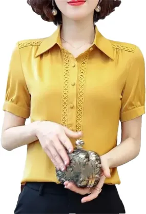 Women's Short Sleeve Turn-Down Collar Summer Button Lace Patchwork Solid Color Shirt Comfortable Chiffon Tops