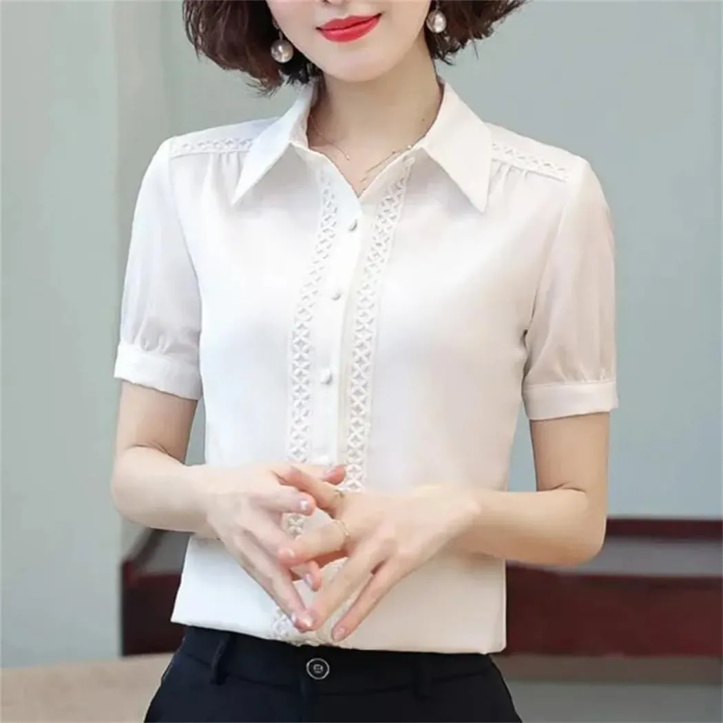 Women's Short Sleeve Turn-Down Collar Summer Button Lace Patchwork Solid Color Shirt Comfortable Chiffon Tops
