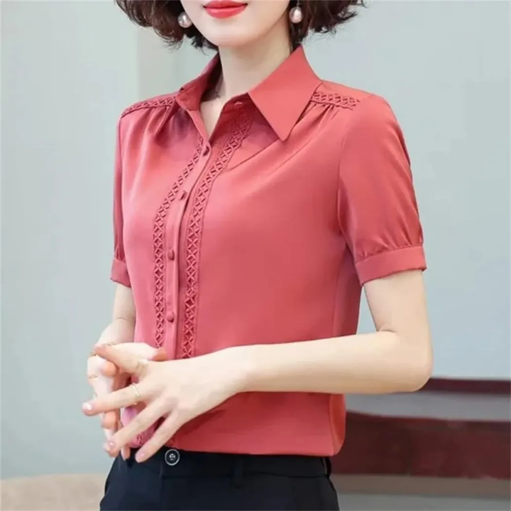 Women's Short Sleeve Turn-Down Collar Summer Button Lace Patchwork Solid Color Shirt Comfortable Chiffon Tops