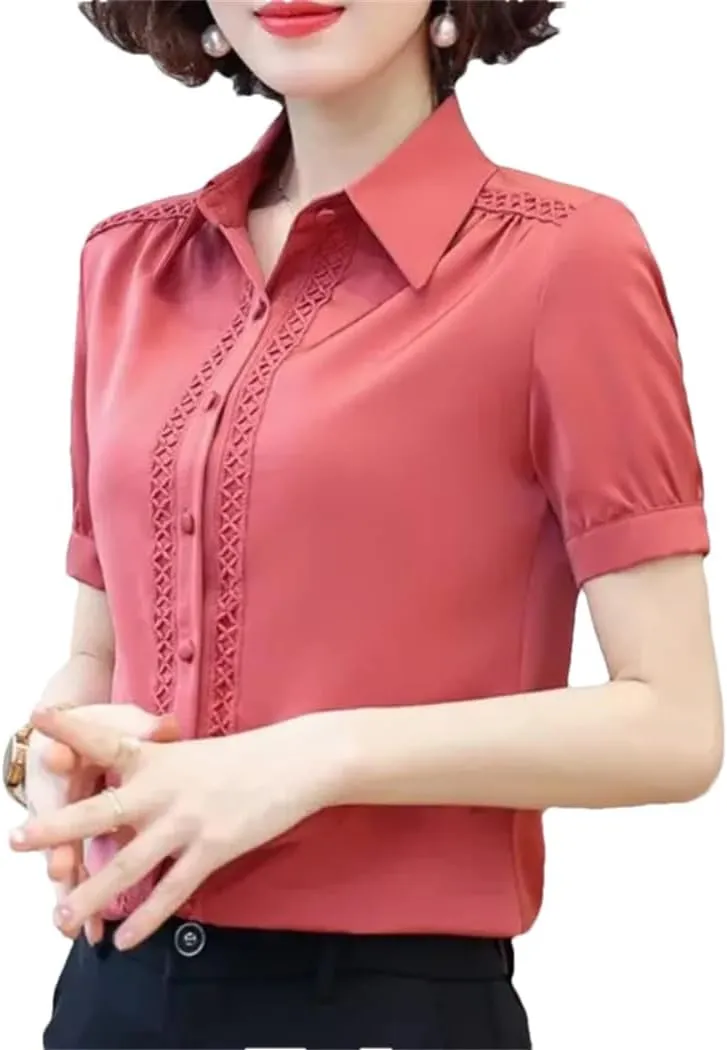 Women's Short Sleeve Turn-Down Collar Summer Button Lace Patchwork Solid Color Shirt Comfortable Chiffon Tops