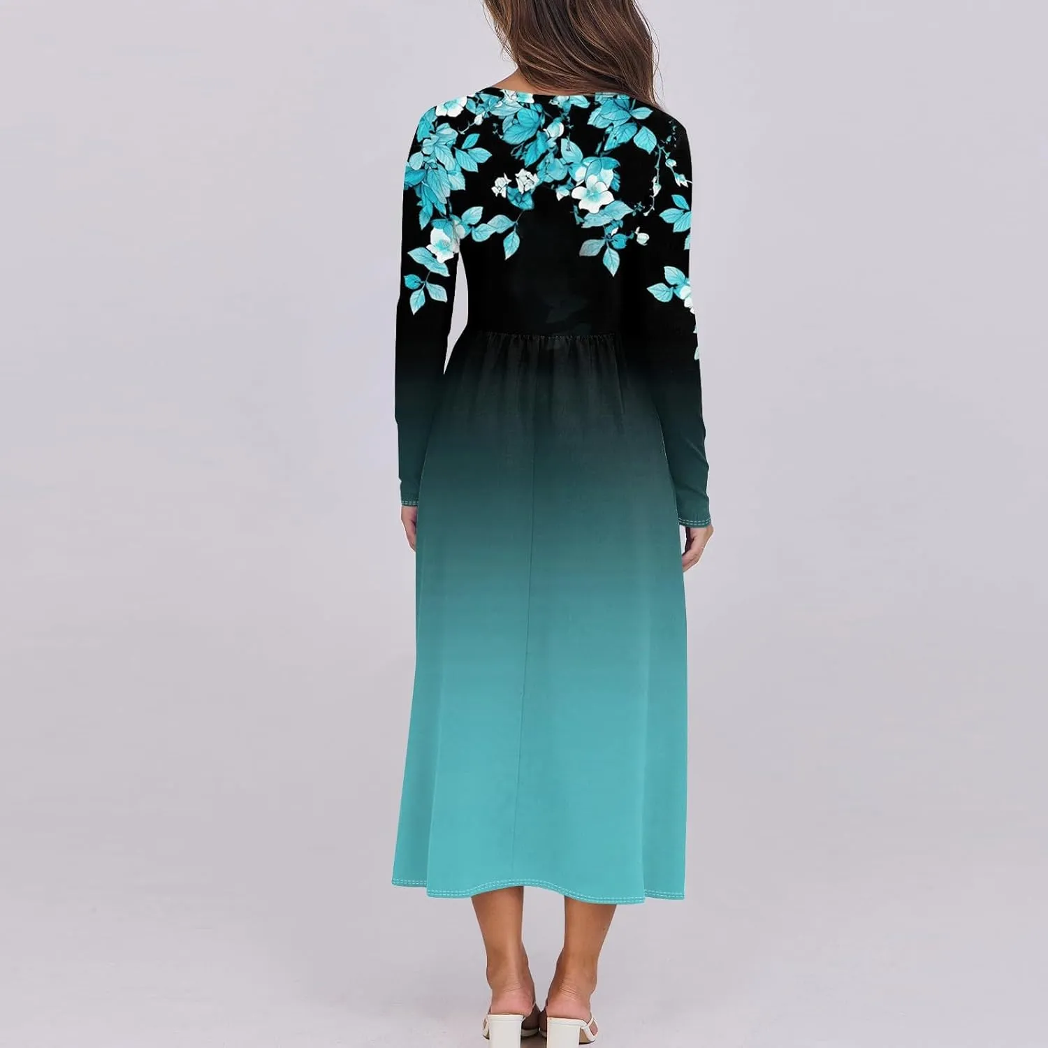 Womens Spring Dresses 2025 Midi Long Sleeve O Neck Ladies Teens Tea Length Vacation Fashion Swing Dress