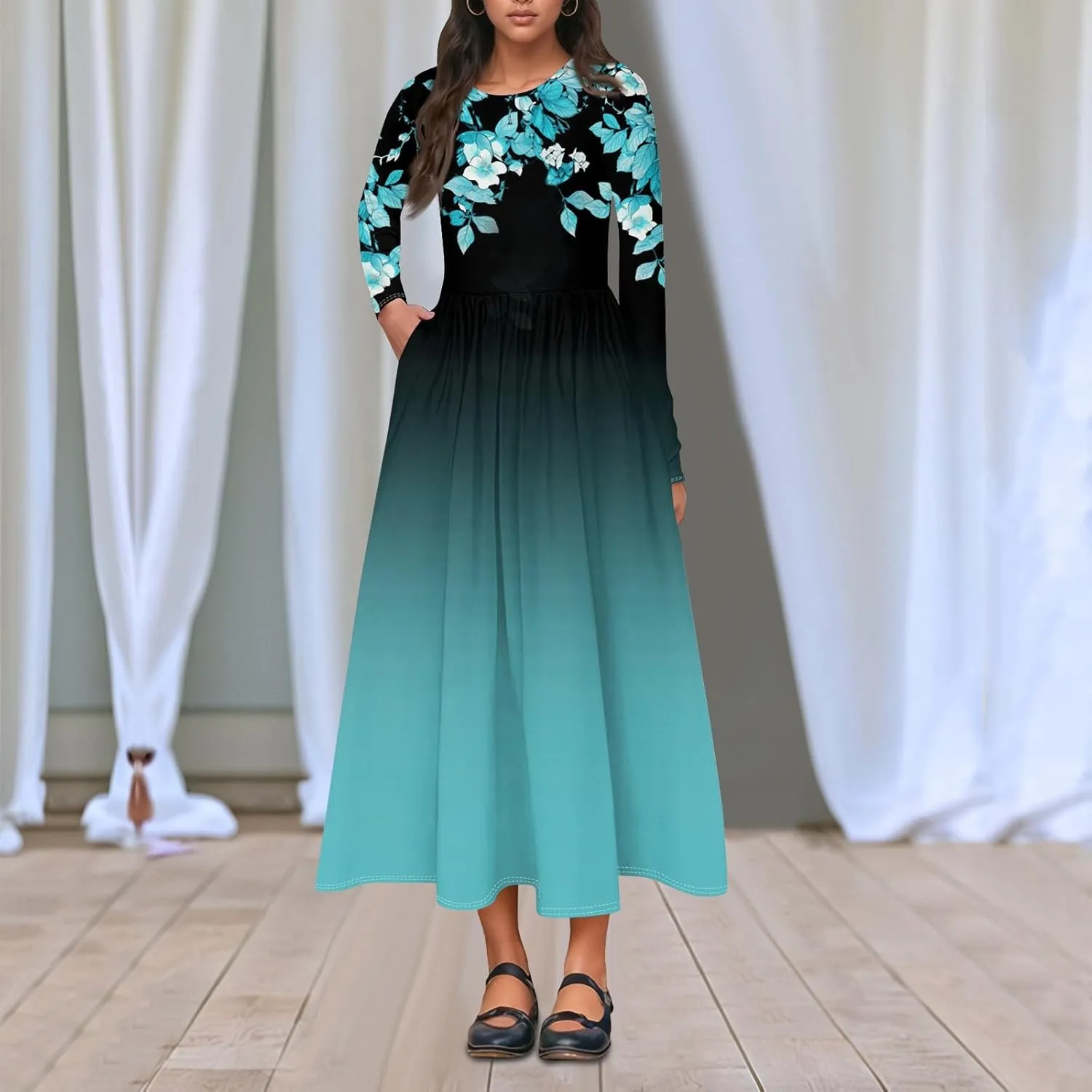 Womens Spring Dresses 2025 Midi Long Sleeve O Neck Ladies Teens Tea Length Vacation Fashion Swing Dress
