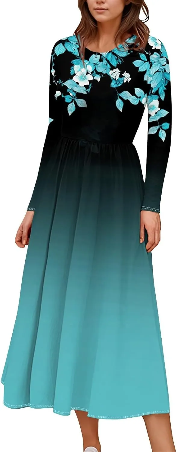 Womens Spring Dresses 2025 Midi Long Sleeve O Neck Ladies Teens Tea Length Vacation Fashion Swing Dress
