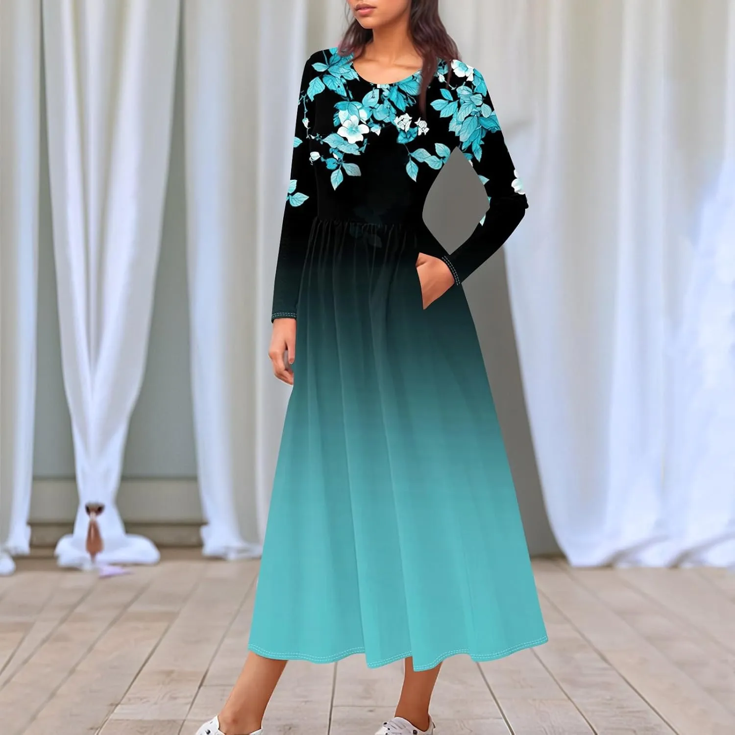 Womens Spring Dresses 2025 Midi Long Sleeve O Neck Ladies Teens Tea Length Vacation Fashion Swing Dress