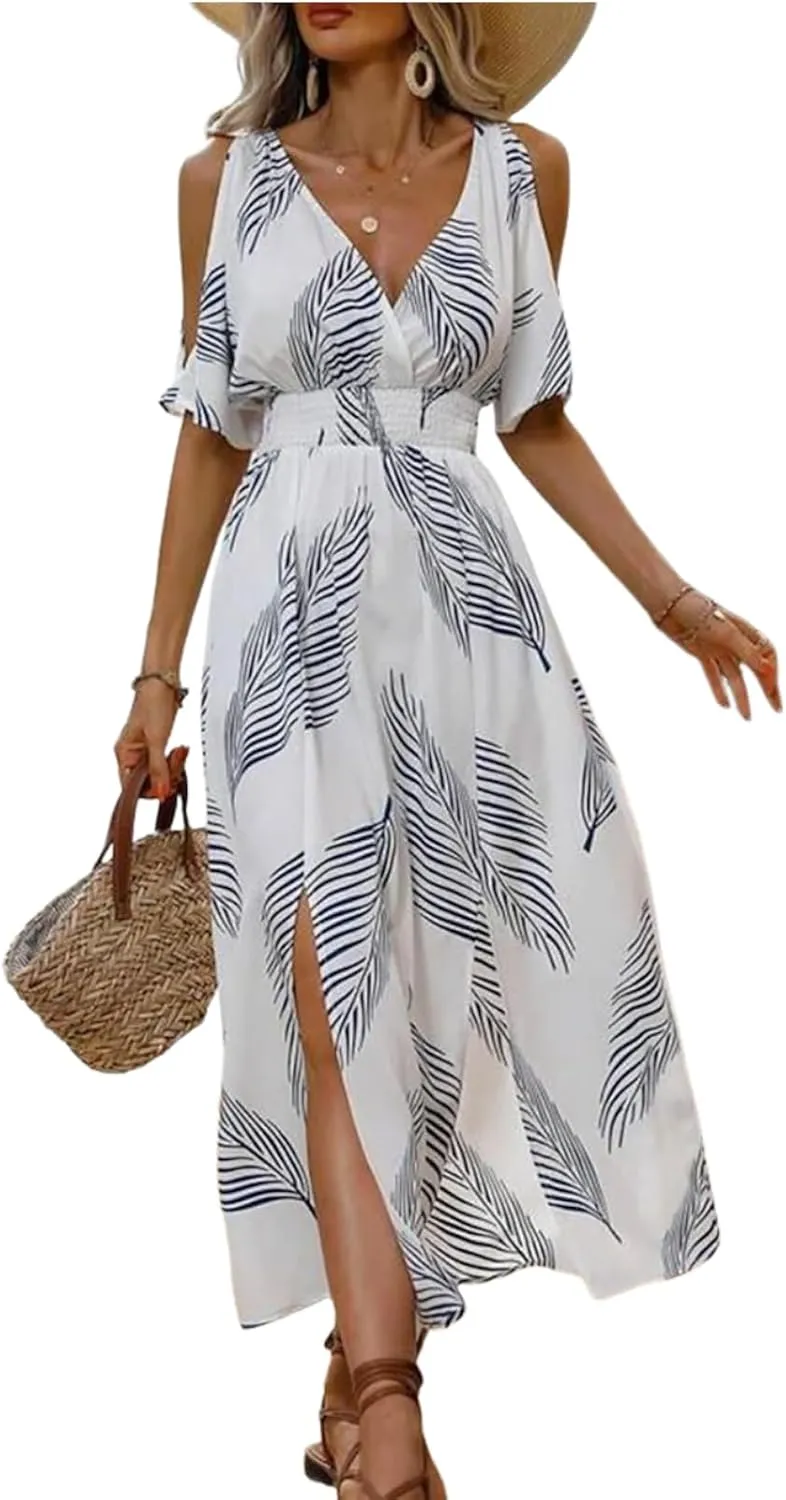 Women's Summer Dresses Casual Short Sleeve V Neck Midi Dress Spring Daily Waist Slit Hem Shift Dress