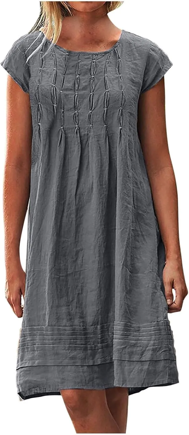 Womens Summer Dresses Short Sleeve Linen Dress Crewneck Tshirt Dress Pleated Sundress Casual Beach Vacation Outfits