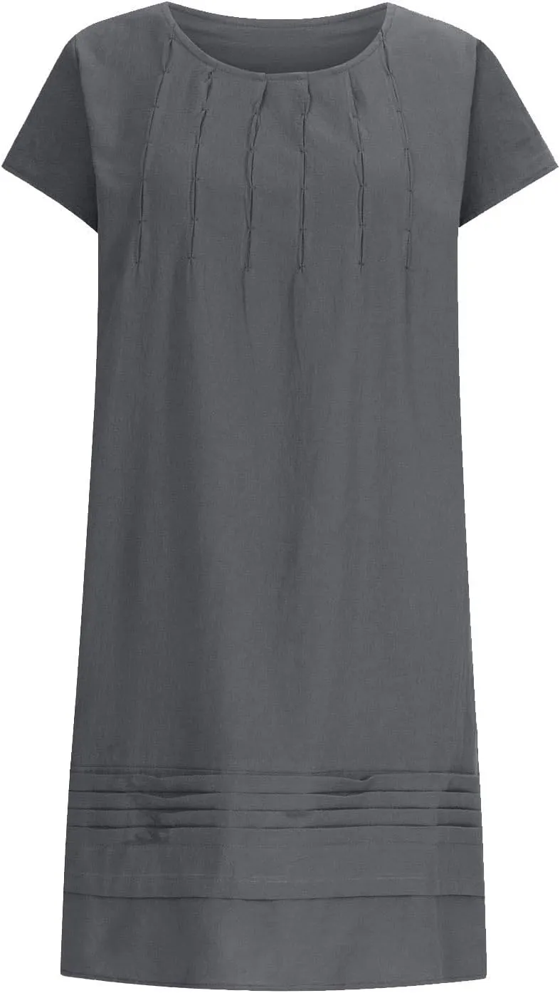 Womens Summer Dresses Short Sleeve Linen Dress Crewneck Tshirt Dress Pleated Sundress Casual Beach Vacation Outfits