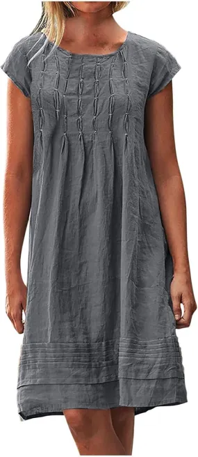 Womens Summer Dresses Short Sleeve Linen Dress Crewneck Tshirt Dress Pleated Sundress Casual Beach Vacation Outfits