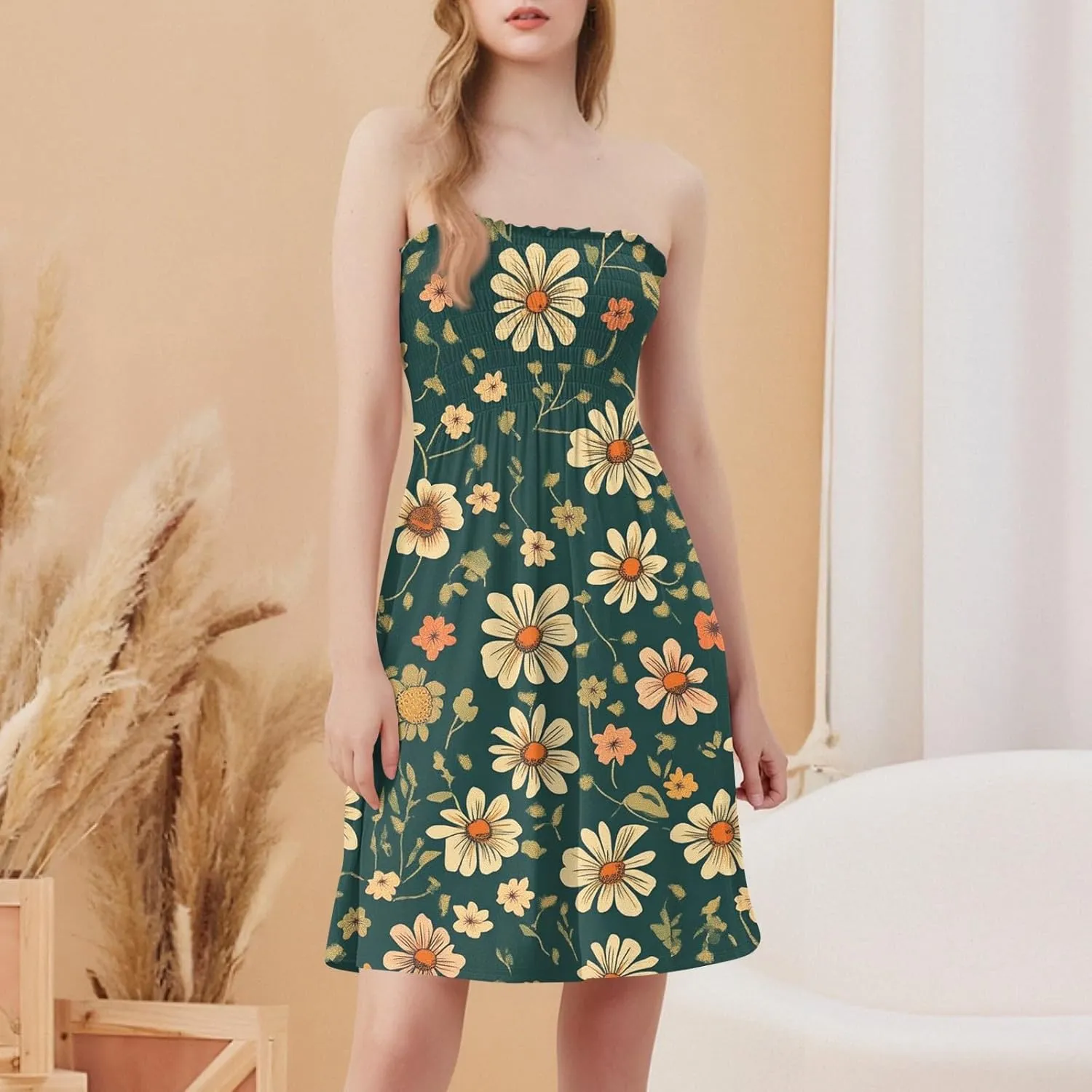 Womens Summer Dresses Strapless Boho Floral Mini Dress Casual Beach Cover Ups Tube Tops Sundress