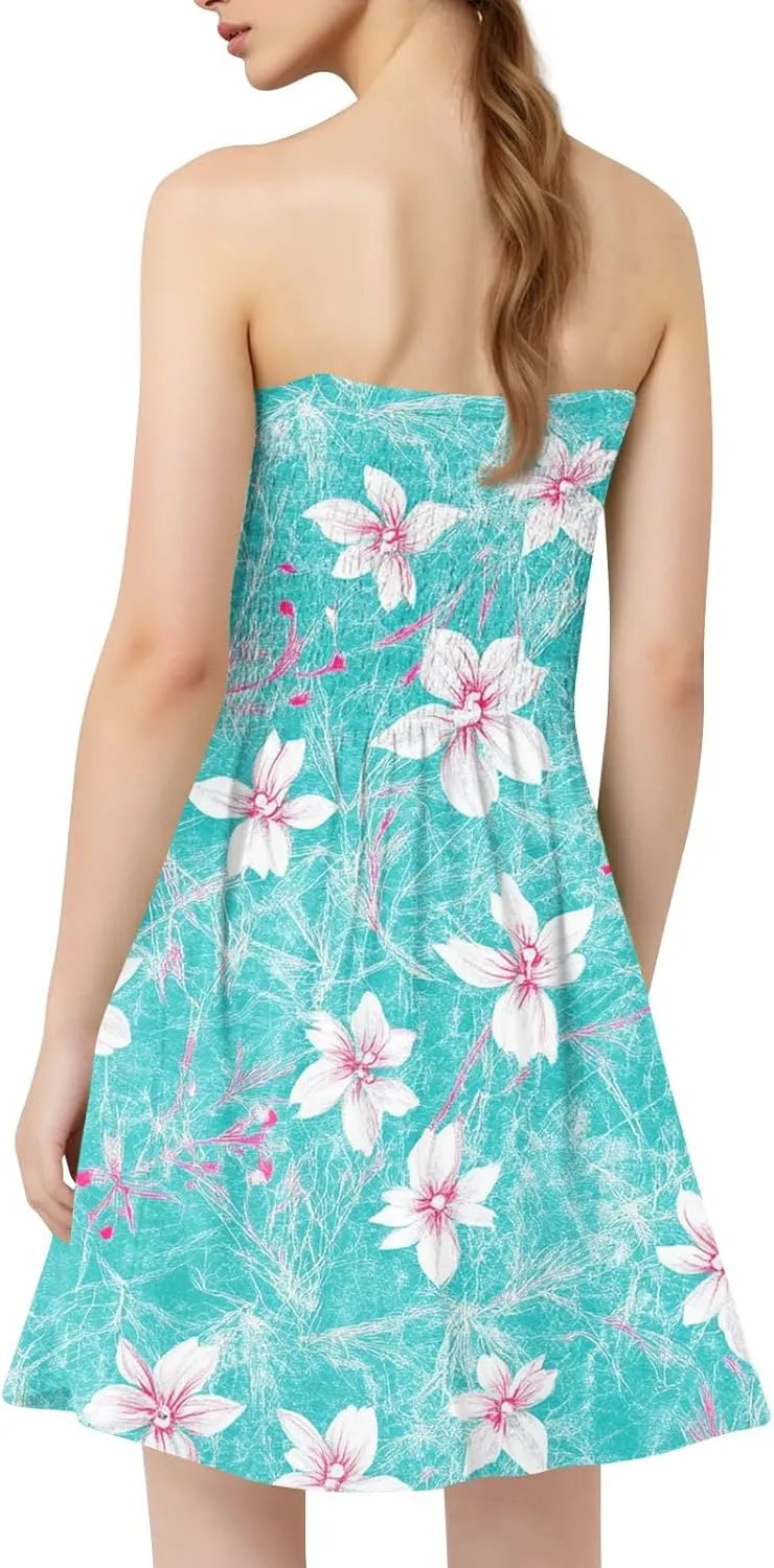 Womens Summer Dresses Strapless Boho Floral Mini Dress Casual Beach Cover Ups Tube Tops Sundress